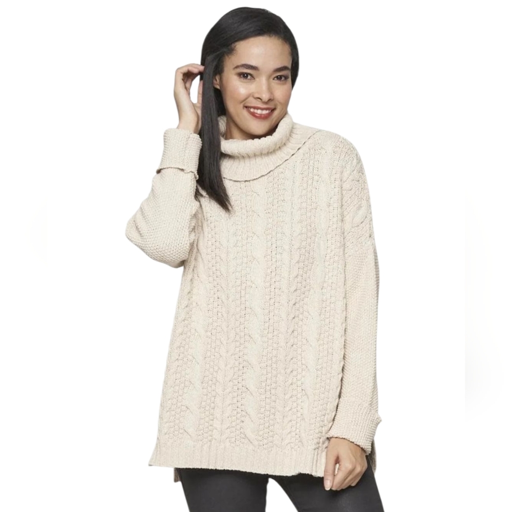 Parkhurst Emily Eco Cotton Turtleneck Cream Chunky Cable-Knit Sweater Womens XL